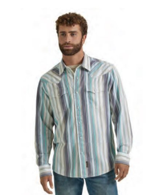 Wrangler Mens Blue Stripe Retro Premium Long Sleeve Shirt