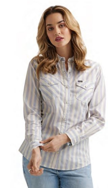 Wrangler Womens Blue Stripe Dress Shirt