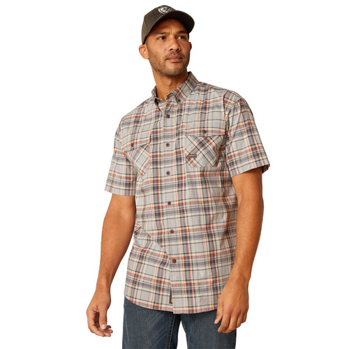 Ariat Men's Gray Alloy Plaid Flannel Rebar Made Tough Durastretch  Short Sleeve Work Shirt