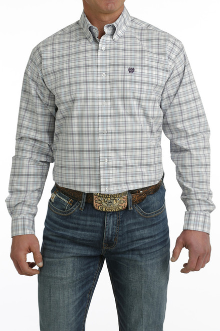 Cinch Men's Classic White Plaid Button Down Long Sleeve Shirt