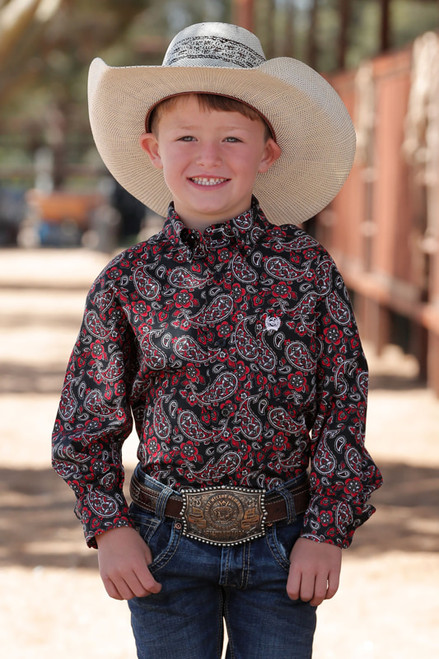 Cinch Boy's Black/Red Paisley Print Long Sleeve Button Up Western Shirt