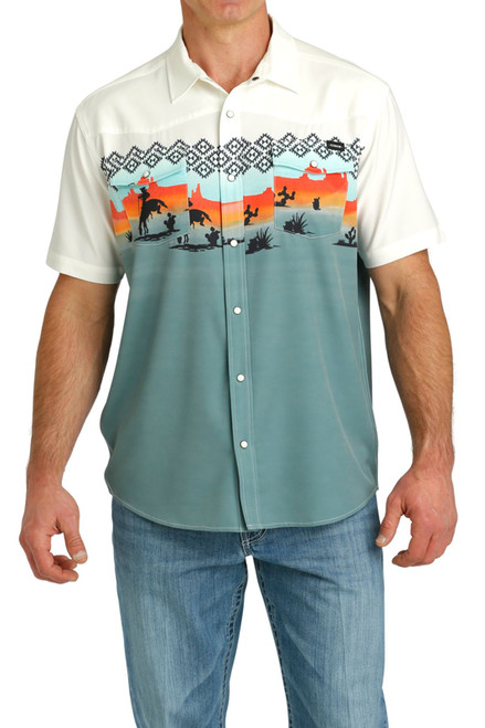 Cinch Men's Cream/Blue Desert Rider Short Sleeve Button Up Shirt