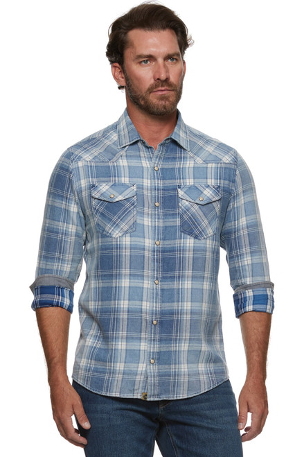Threadgrit Mens Blue Barrett Vintage Washed Western Long Sleeve Shirt