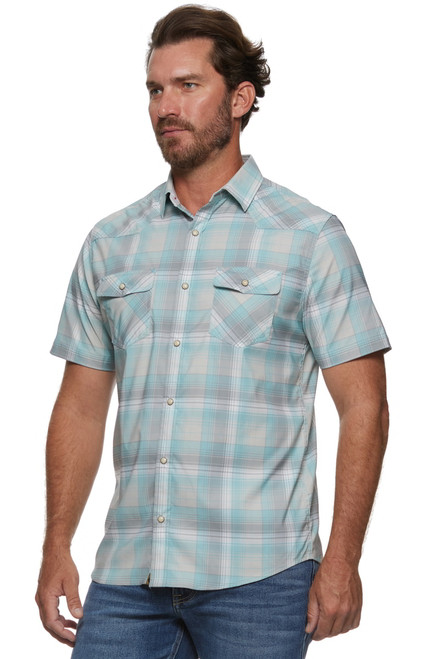 Threadgrit Mens Aqua and Grey Gunnar Western Stretch Performance Short Sleeve Shirt