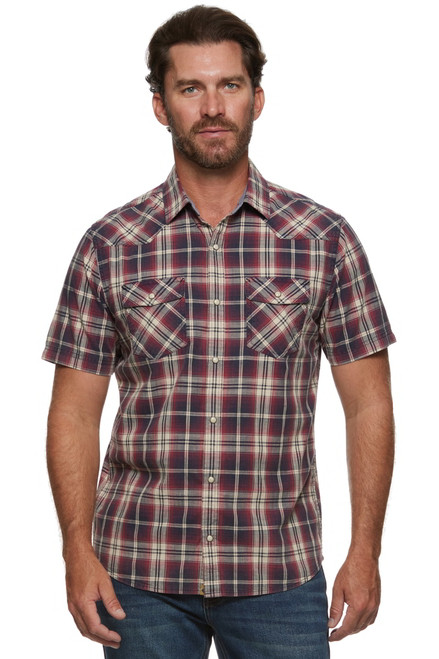 Threadgrit Mens Maroon & Navy Walker Vintage Washed Western Short Sleeve Shirt