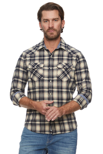 Threadgrit Mens Navy Leon Western Flannel Shirt