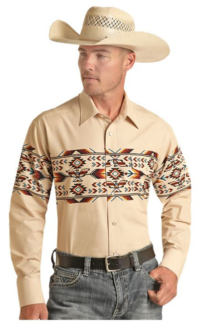 Rock & Roll Denim Men's Natural Thunderbird Aztec Border Long Sleeve Snap Shirt