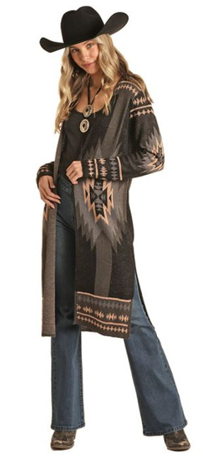 Rock & Roll Cowgirl Women's Black Grey & Taupe Aztec Print Long Sleeve Duster Cardigan