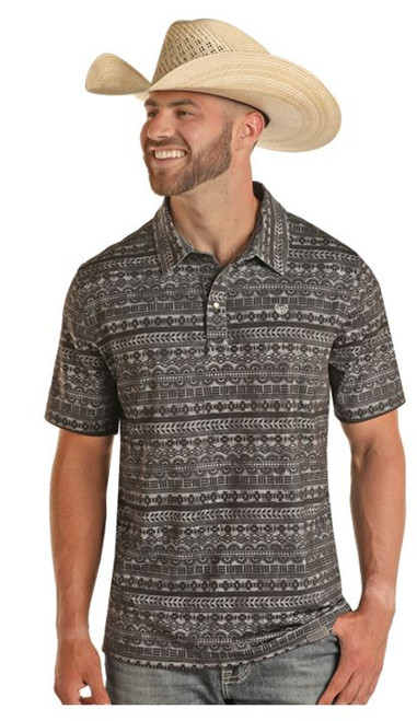 Rock & Roll Denim Men's Charcoal Camo Aztec Snap Knit Short Sleeve Polo Shirt