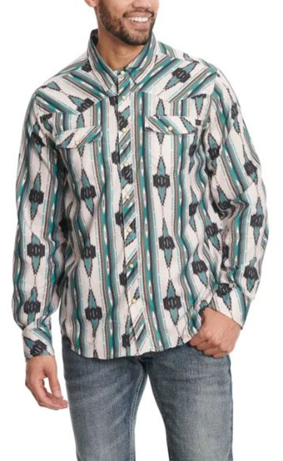 Rock & Roll Denim Men's Teal/Cream Aztec Ripstop Tek Western Long Sleeve Snap Shirt