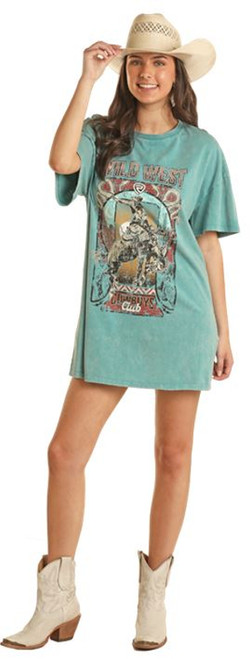 Rock & Roll Cowgirl Women's Turquoise Wild West Cowboys Club Short Sleeve T-Shirt Dress