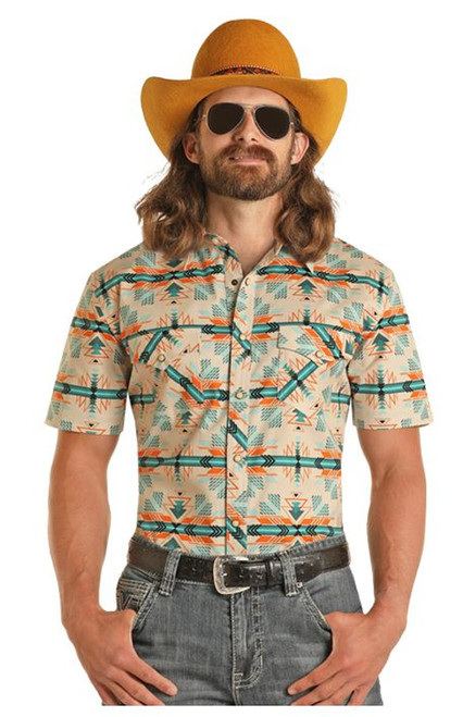 Rock & Roll Denim Men's Natural with Turquoise/Orange Aztec Print Short Sleeve Snap Shirt