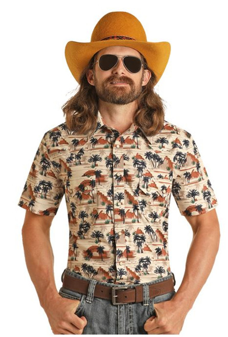 Rock & Roll Denim Men's Natural Orange/Black Desert Vacation Print Short Sleeve Snap Shirt