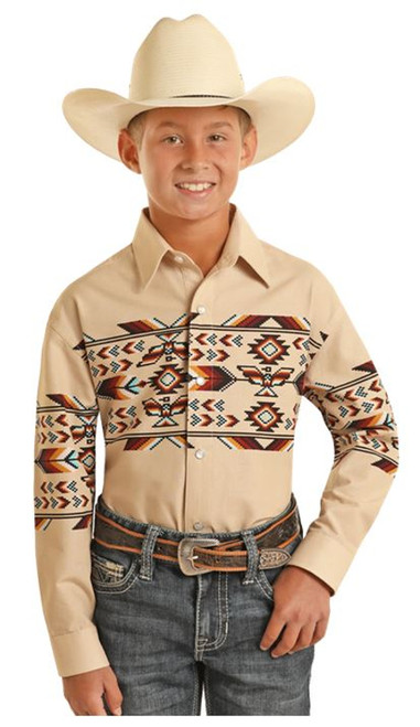 Panhandle Boy's Natural Thunderbird Aztec Border Long Sleeve Snap Shirt