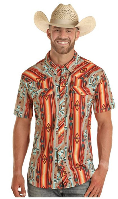 Rock & Roll Denim Men's VentTEK Teal and Orange Aztec Print Short Sleeve Western Snap Shirt