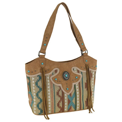 Justin Women's Tan Jacquard Tote with Yoke and Turquoise Colored Stones