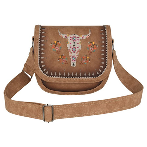 Catchfly Ladies Burnished Tan w/Cow Skull Embroidery Saddlebag