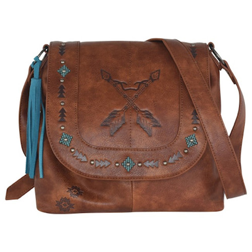 Catchfly Ladies Brown Leather Crossbody Arrows w/ Southwest Embroidery and Studs