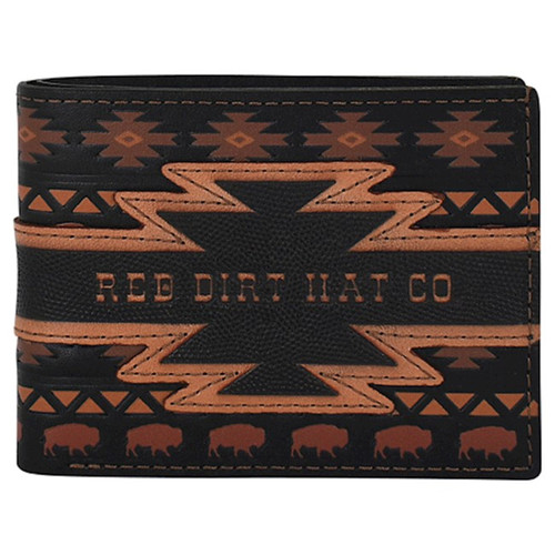 Red Dirt Hat Co Black and Rust Bifold Wallet with Aztec and Bison Design