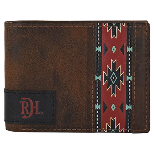 Red Dirt Hat Co Oiled Antique Brown Bifold Wallet with Red Southwestern Designs