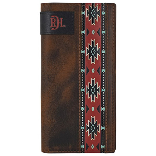 Red Dirt Hat Co Oiled Antique Brown Rodeo Wallet with Red Southwestern Designs