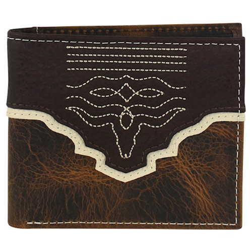 Tony Lama Men's Genuine Leather Slim Bifold Wallet with Brown Oiled Leather, Yoke and Steer Head Toebug