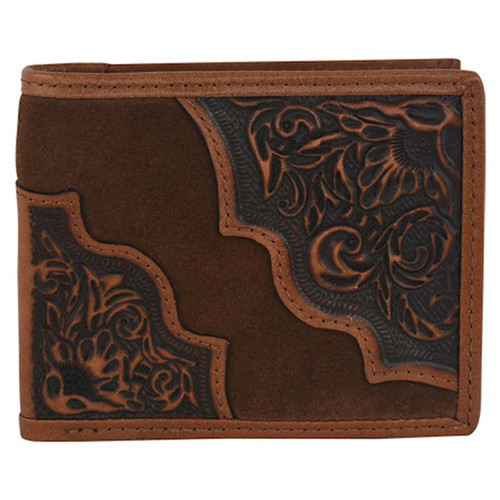 Tony Lama Men's Genuine Leather Large Bifold Wallet With Floral Tooling and Roughout