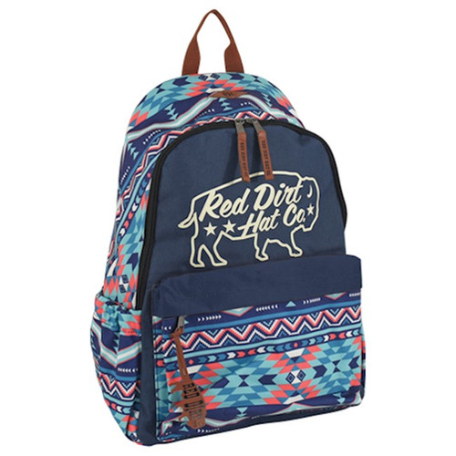 Red Dirt Hat Co Blue and Coral Aztec Print w/Bison Graphic Backpack