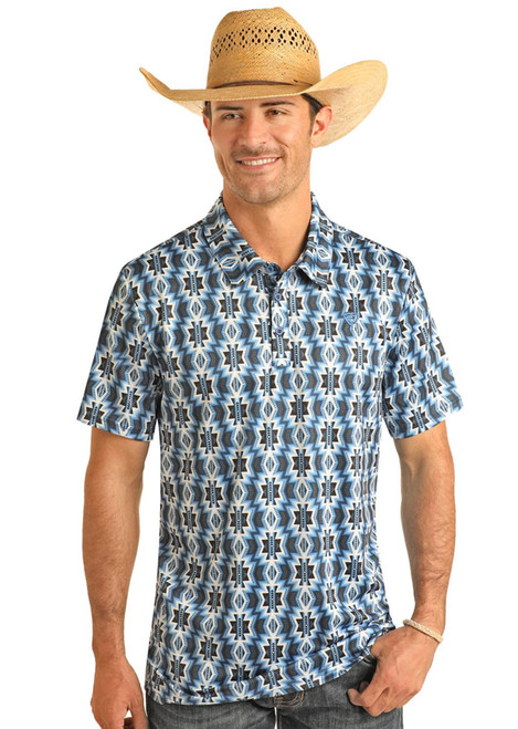 Rock & Roll Denim Men's Blue/Charcoal Aztec Print Button Down Short Sleeve Polo Shirt