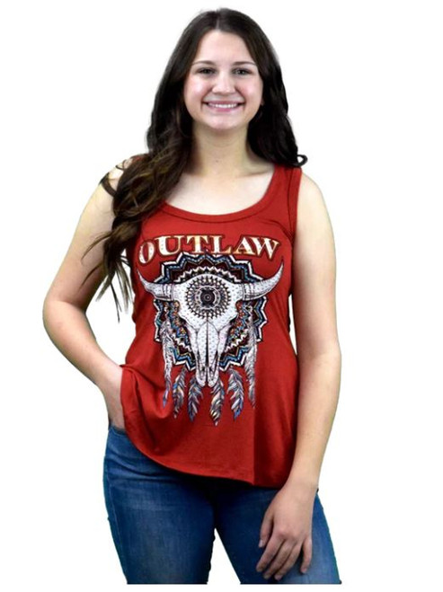 Liberty Wear Apparel Women's Rust Outlaw Steer Skull Graphic Embellished Tank Top