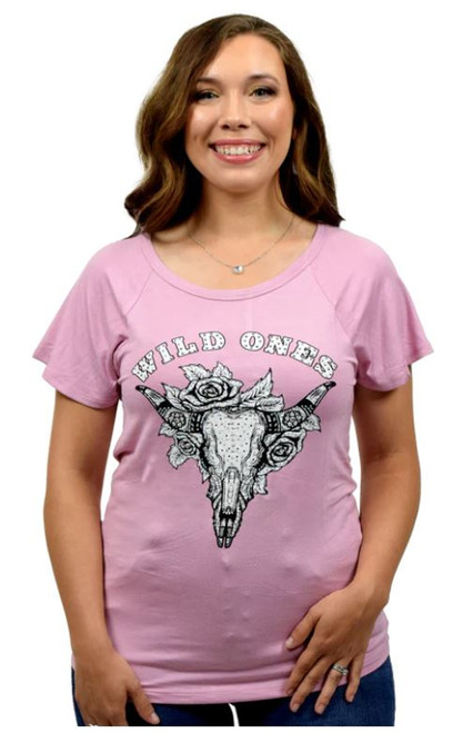 Liberty Wear Apparel Women's Pink Wild Ones Embellished Steer Head Skull Graphic Short Sleeve Shirt