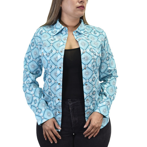 Cowgirl Hardware Women's Turquoise/White Diamond Aztec Print Long Sleeve Western Snap Shirt