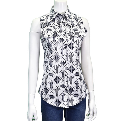 Cowgirl Hardware Women's White with Black Aztec Saguaro Print Sleeveless Button Up Western Shirt