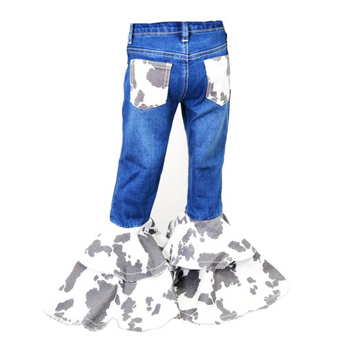 Cowgirl Hardware Toddler Girl's Cow Print Double Flare Bell Bottom Medium Wash Denim Jeans