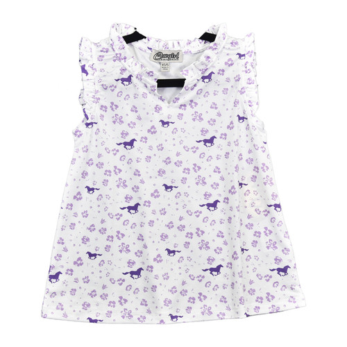 Cowgirl Hardware Toddler Girl's White w/Purple Allover Horse & Flower Print Sleeveless Ruffle Tank Top