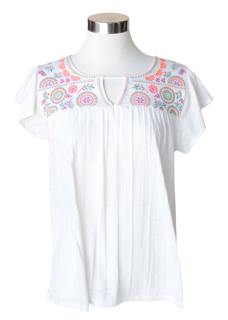 Keren Hart Womens Neon Floral Embroidered White Short Sleeve Shirt