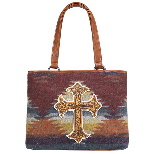 Nocona Ladies Multi Colored Southwest Print w/Floral Embossed Leather Cross Birdie Style Conceal Carry Tote