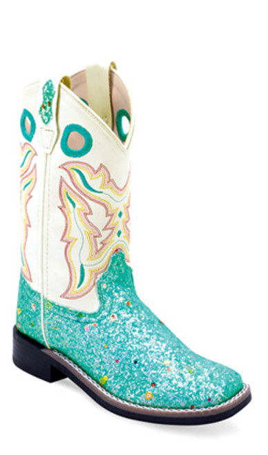 Jama Girls Youth Turquoise Sparkle w/White Shaft Leatherette Broad Square Toe Western Boots