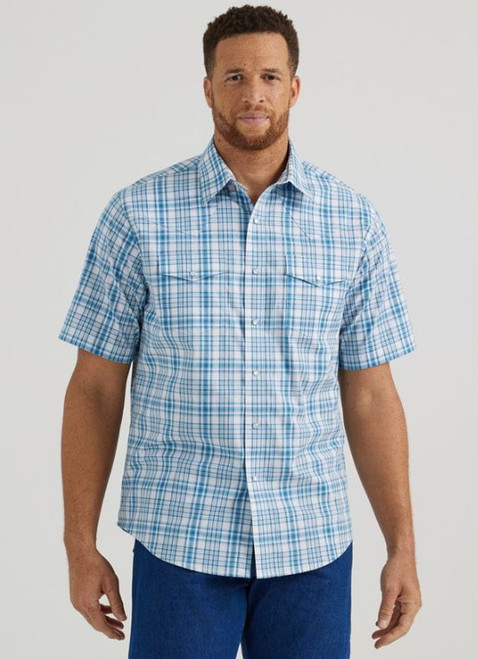 Wrangler Mens Wrinkle Resist Blue Plaid Short Sleeve Shirt