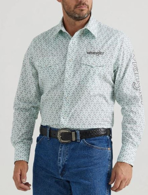 Wrangler Mens Aqua and Grey Snap Western Long Sleeve Shirt