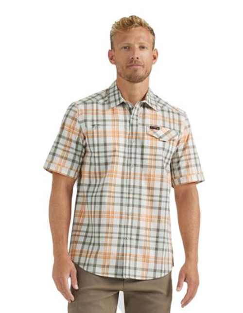 Wrangler Mens Green and Orange All Terrain Gear Asymmetric Zip Pocket Plaid Short Sleeve Shirt