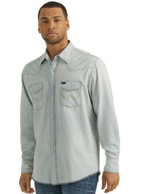 Wrangler Mens Vintage Railroad Strip Blue and White Long Sleeve Shirt