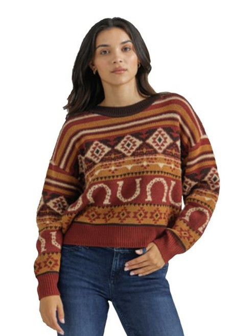 Wrangler Womens Retro Burgundy and Brown Crew Sweater