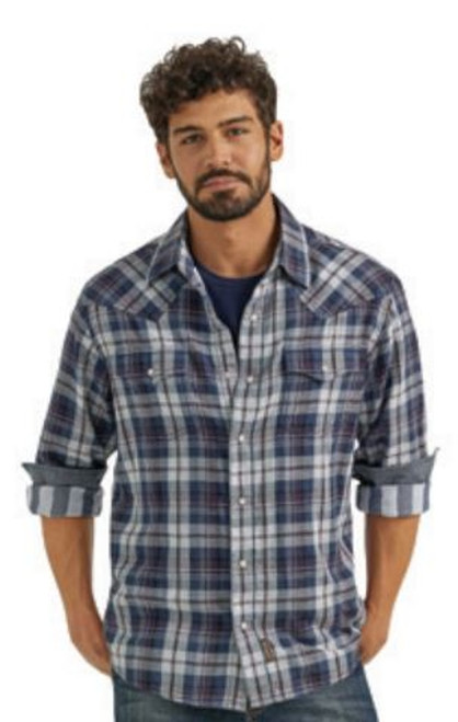 Wrangler Mens Blue Plaid Retro Premium Long Sleeve Shirt