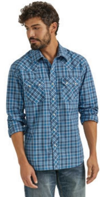 Wrangler Mens Retro Modern Fit Blue Plaid Long Sleeve Shirt