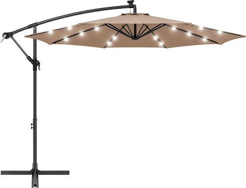 DDI Inc 10ft 360-Degree Solar LED Lit Cantilever Patio Umbrella, Outdoor Hanging Shade - Tan