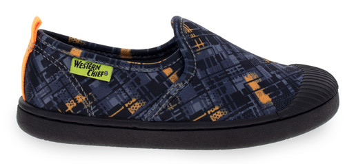 Western Chief Boys Youth Puddle Black  with Orange/Gray Plaid Print Slip On Play Shoes