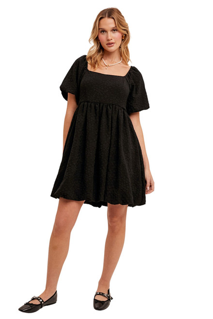 Hem & Thread Women's Bubble Sleeve Square Neck Textured Black Babydoll Dress