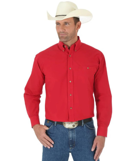 Wrangler Mens George Strait National Patriot Button Down Solid Red Long Sleeve Shirt