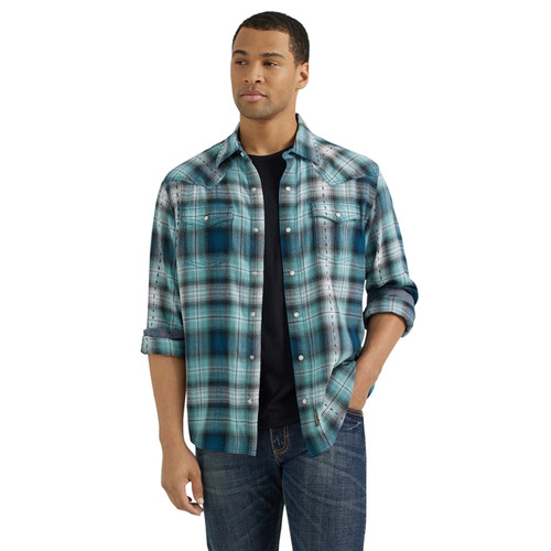 Wrangler Mens Teal Retro Premium Snap Long Sleeve Shirt